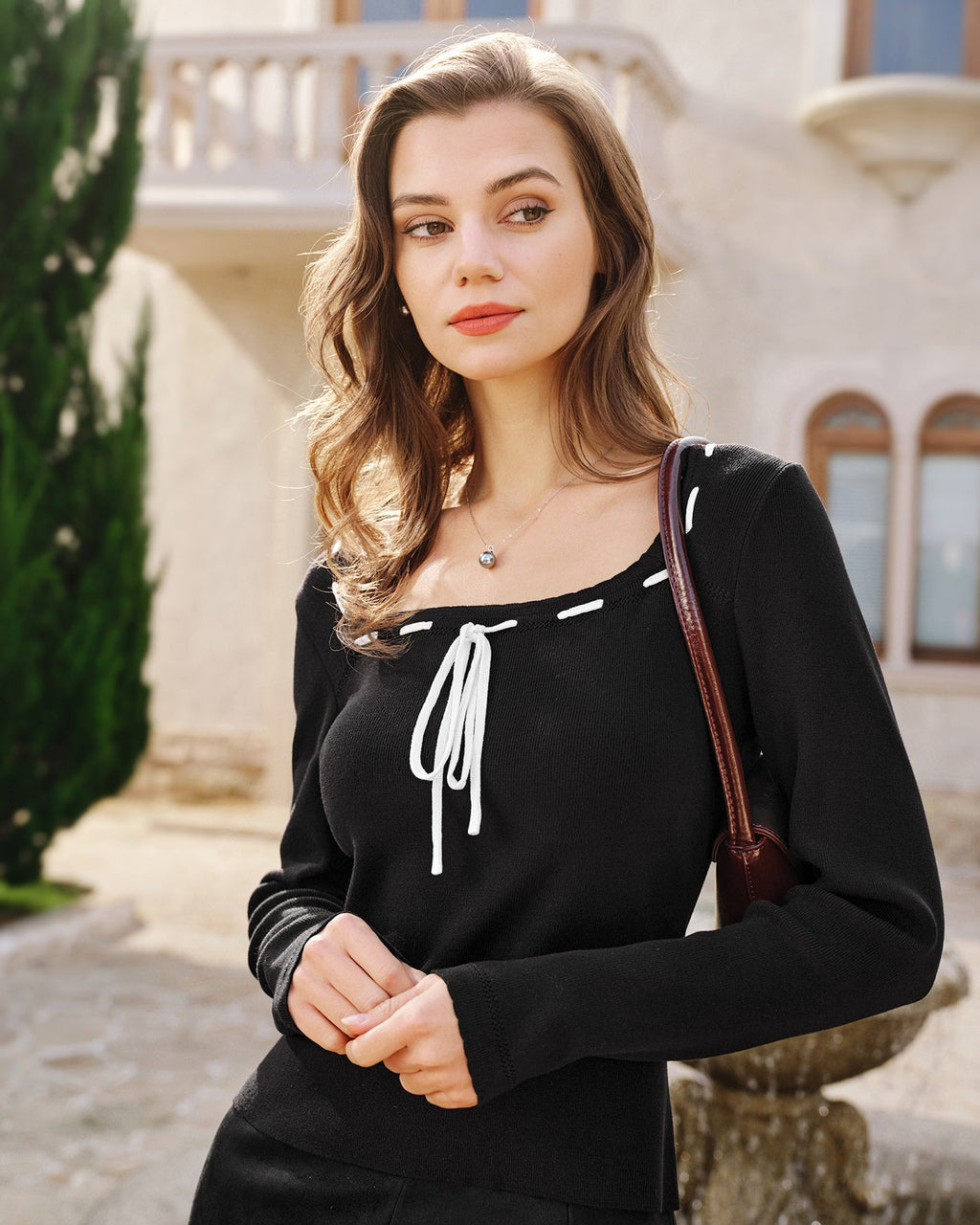 Black Square Neck Viscose Knit Top