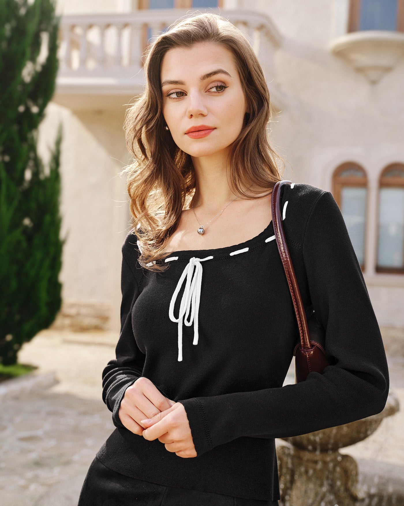 Black Square Neck Viscose Knit Top