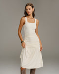 Beige Ruched A-Line Slip Midi Dress