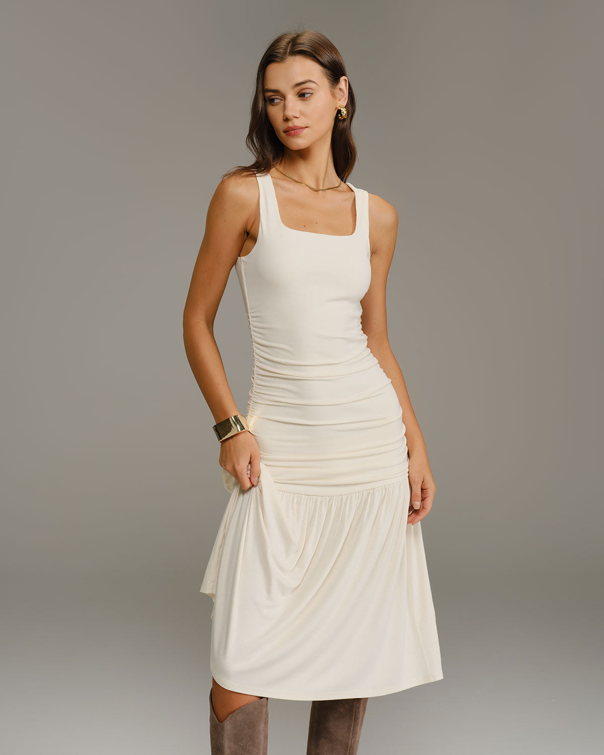 Beige Ruched A-Line Slip Midi Dress