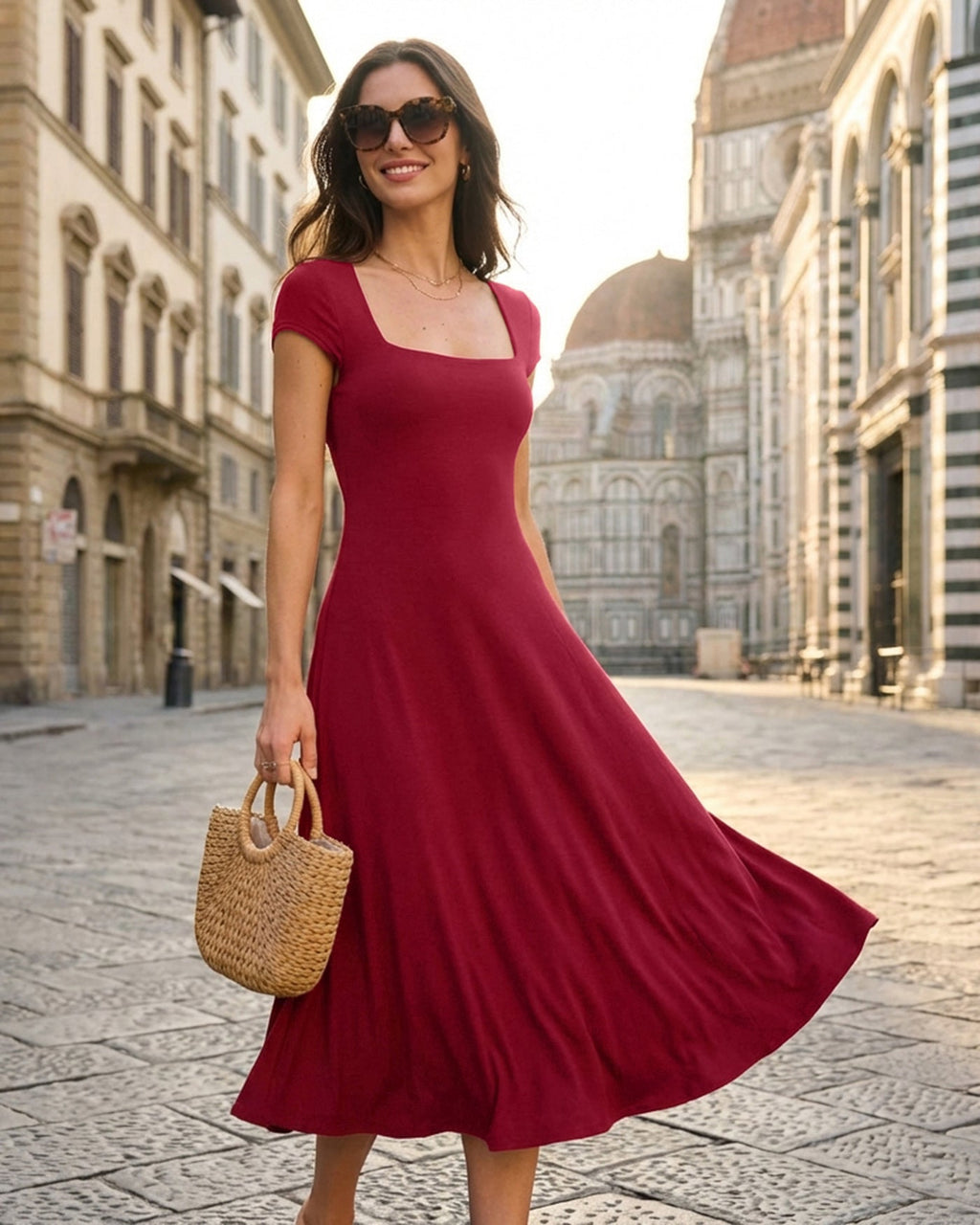 Red Square Neck Pocket Midi Dress