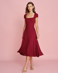 Red Square Neck Pocket Midi Dress