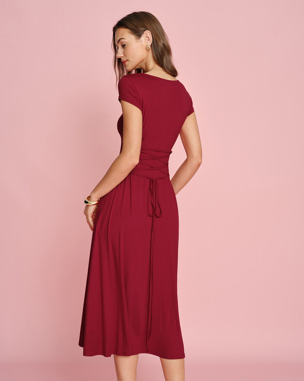 Red Square Neck Pocket Midi Dress