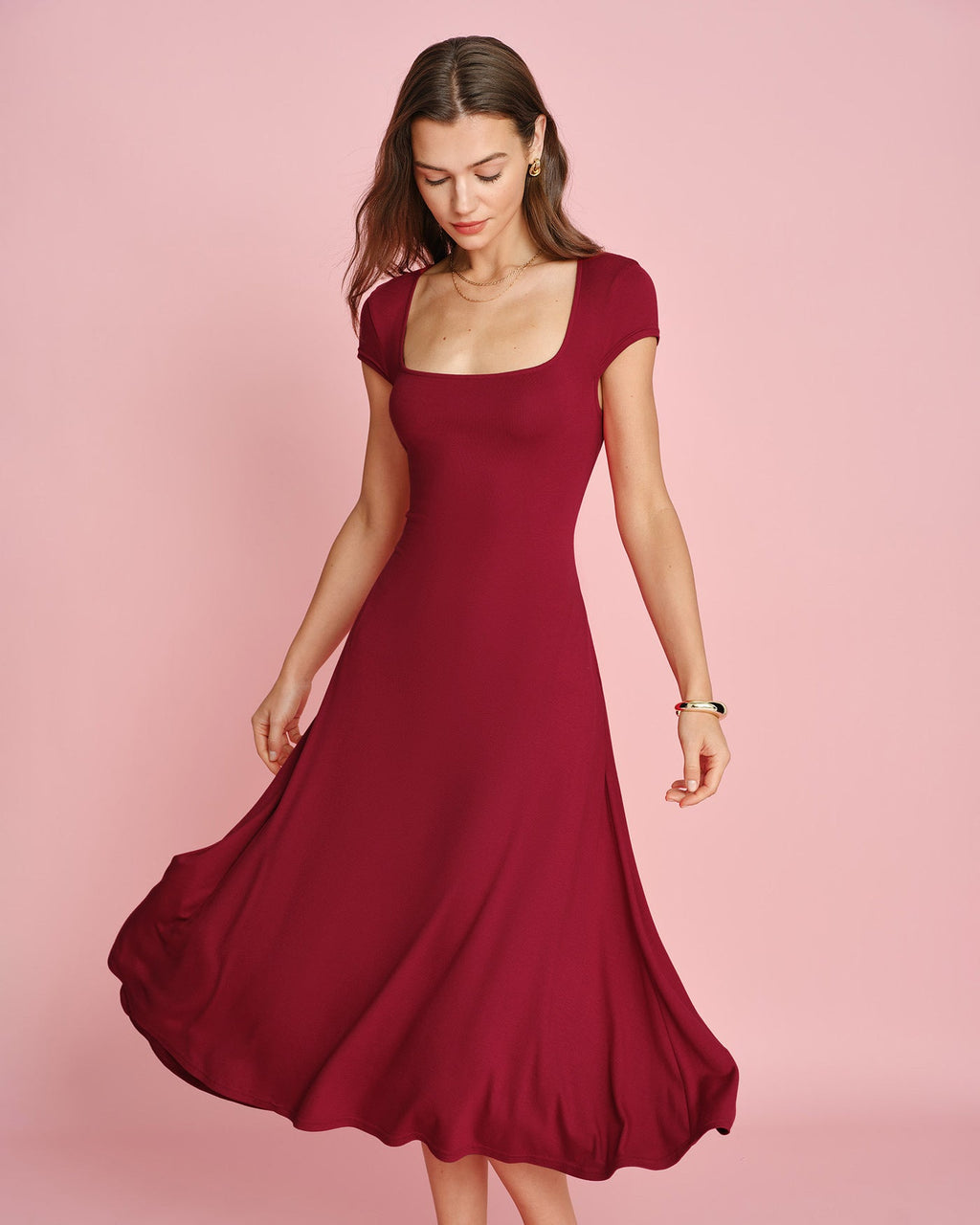 Red Square Neck Pocket Midi Dress