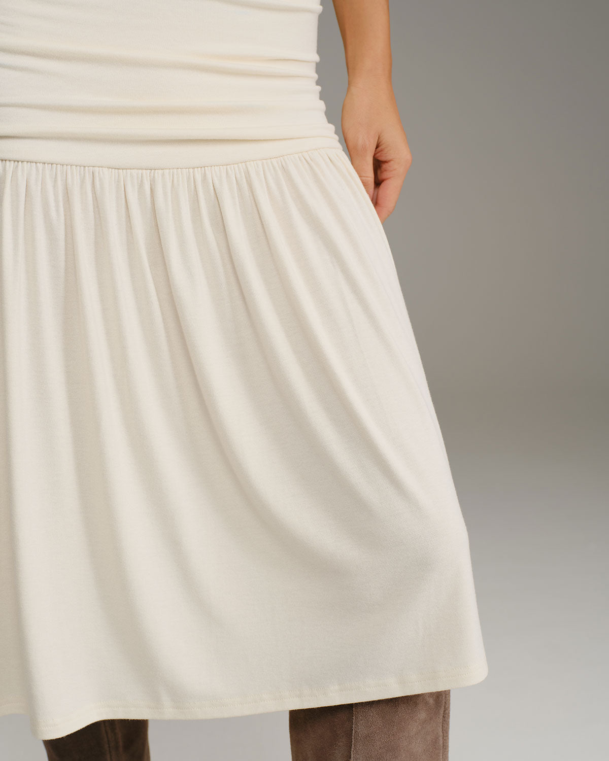 Beige Ruched A-Line Slip Midi Dress