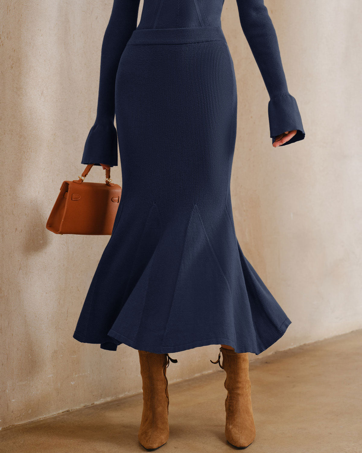 Navy Knit Mermaid Midi Skirt