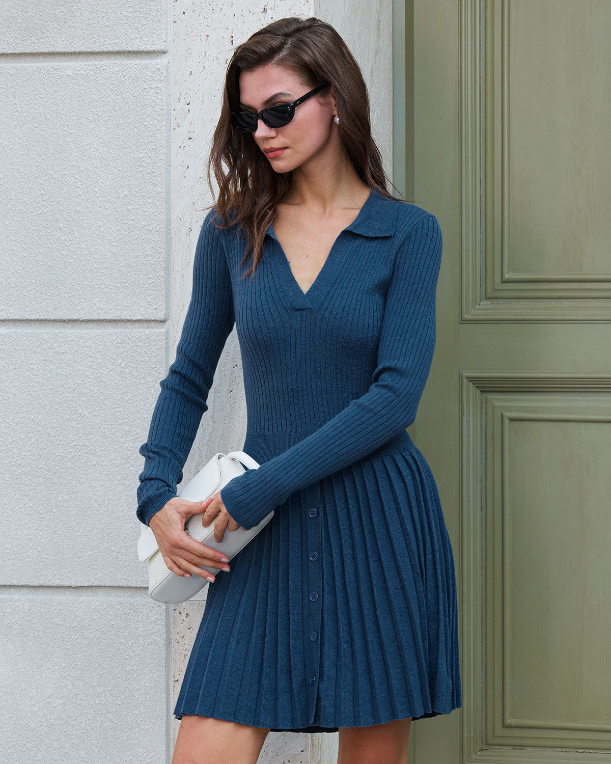 Blue Button A-Line Sweater Dress