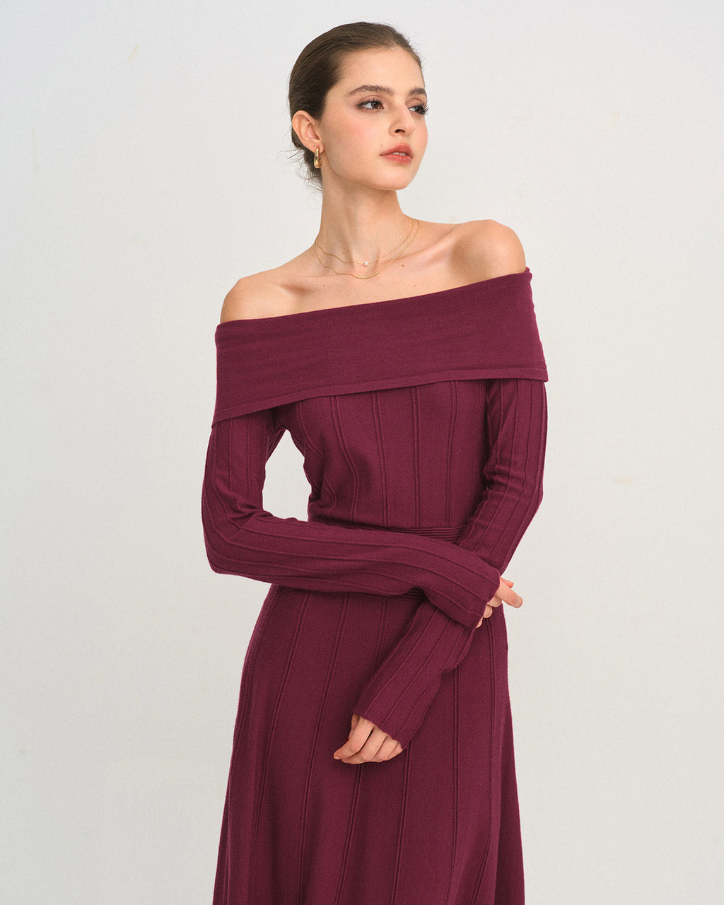 Wine Red Off The Shoulder Sweater Dress