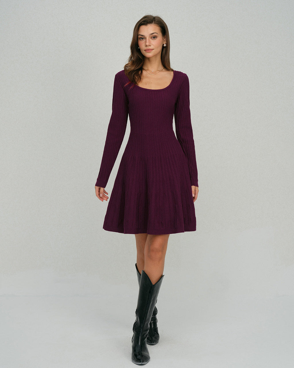 Purple Square Neck A-Line Sweater Dress