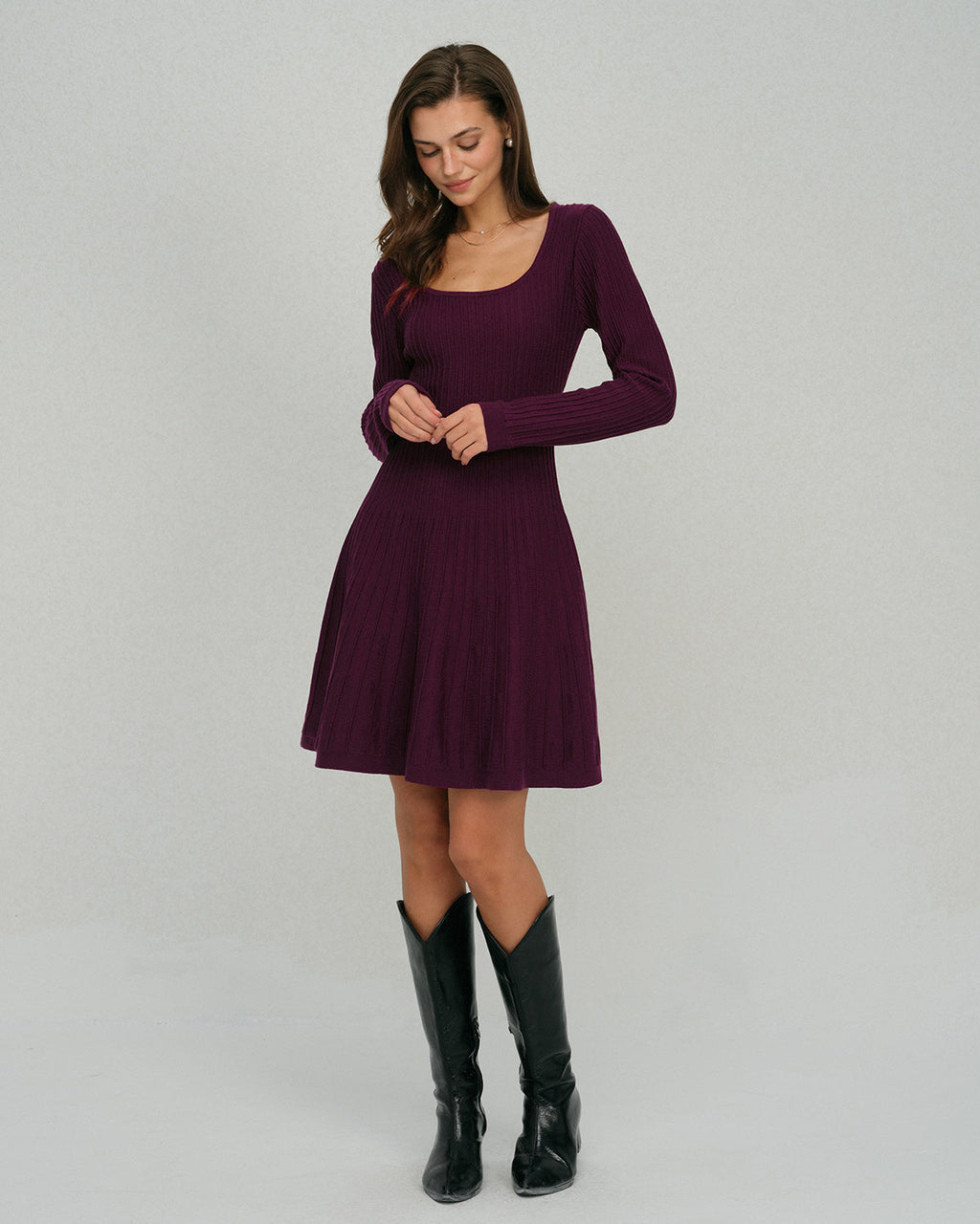 Purple Square Neck A-Line Sweater Dress