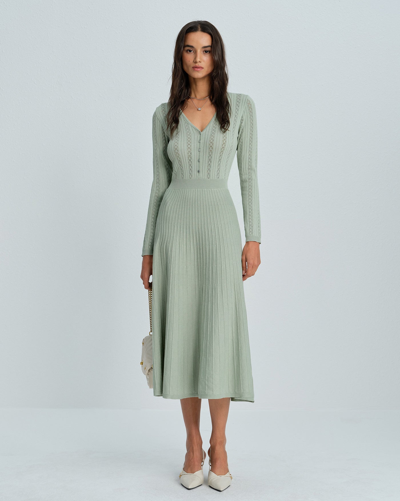 Green V Neck Viscose Sweater Dress