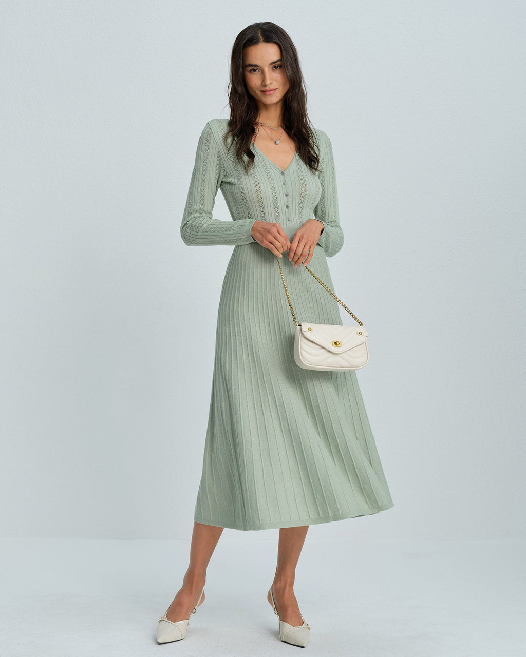 Green V Neck Viscose Sweater Dress