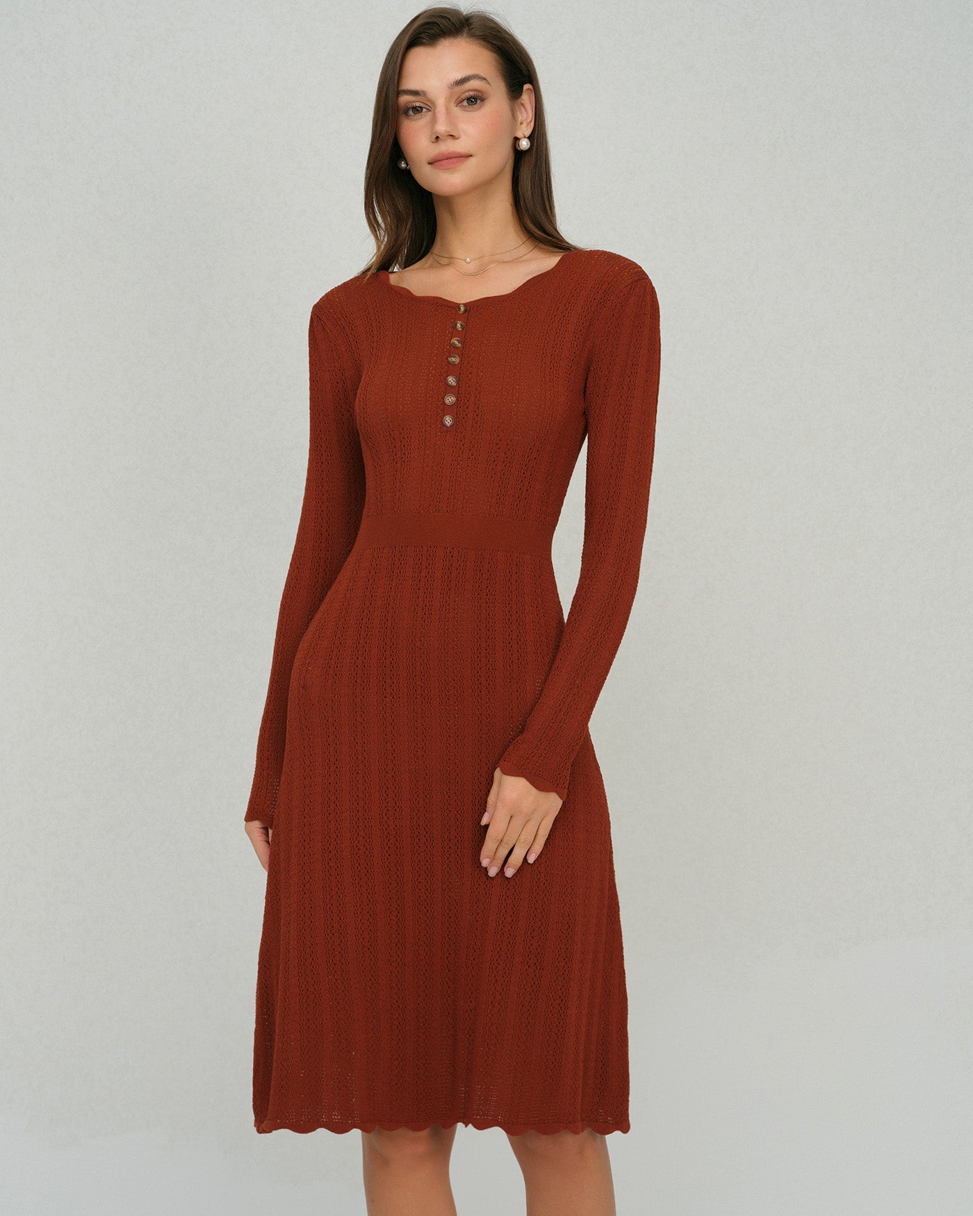 Brown Scalloped A-Line Sweater Dress