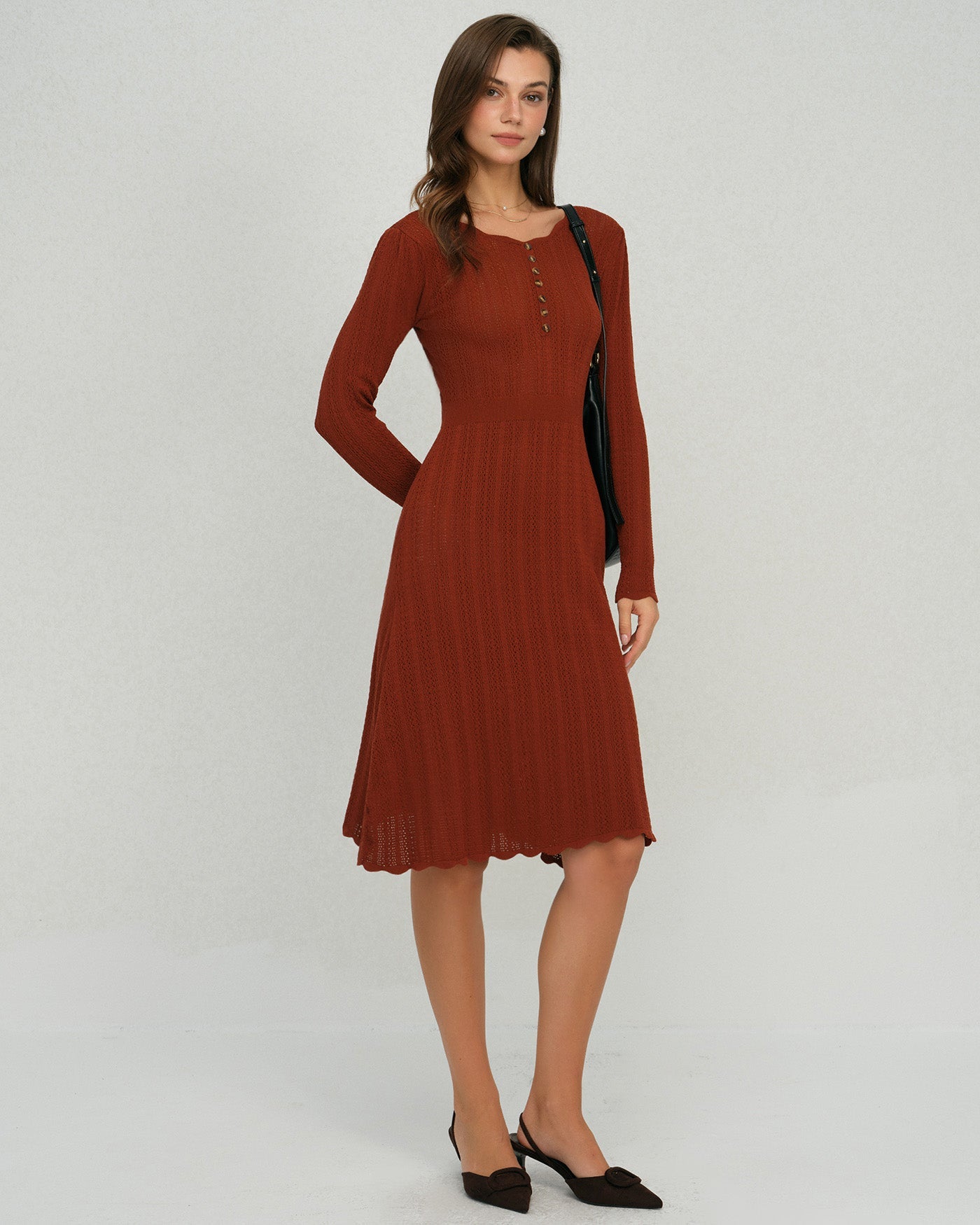 Brown Scalloped A-Line Sweater Dress