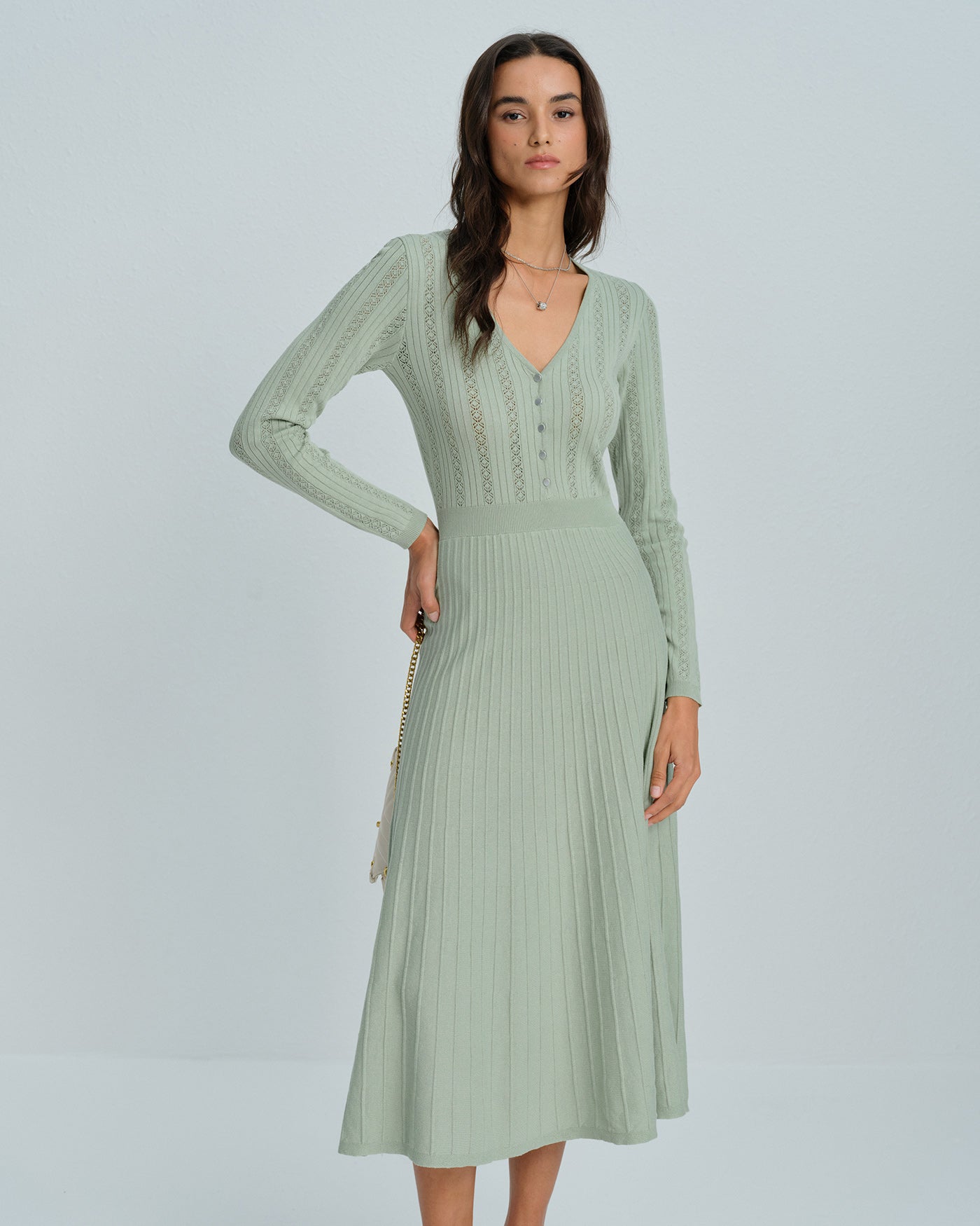 Green V Neck Viscose Sweater Dress