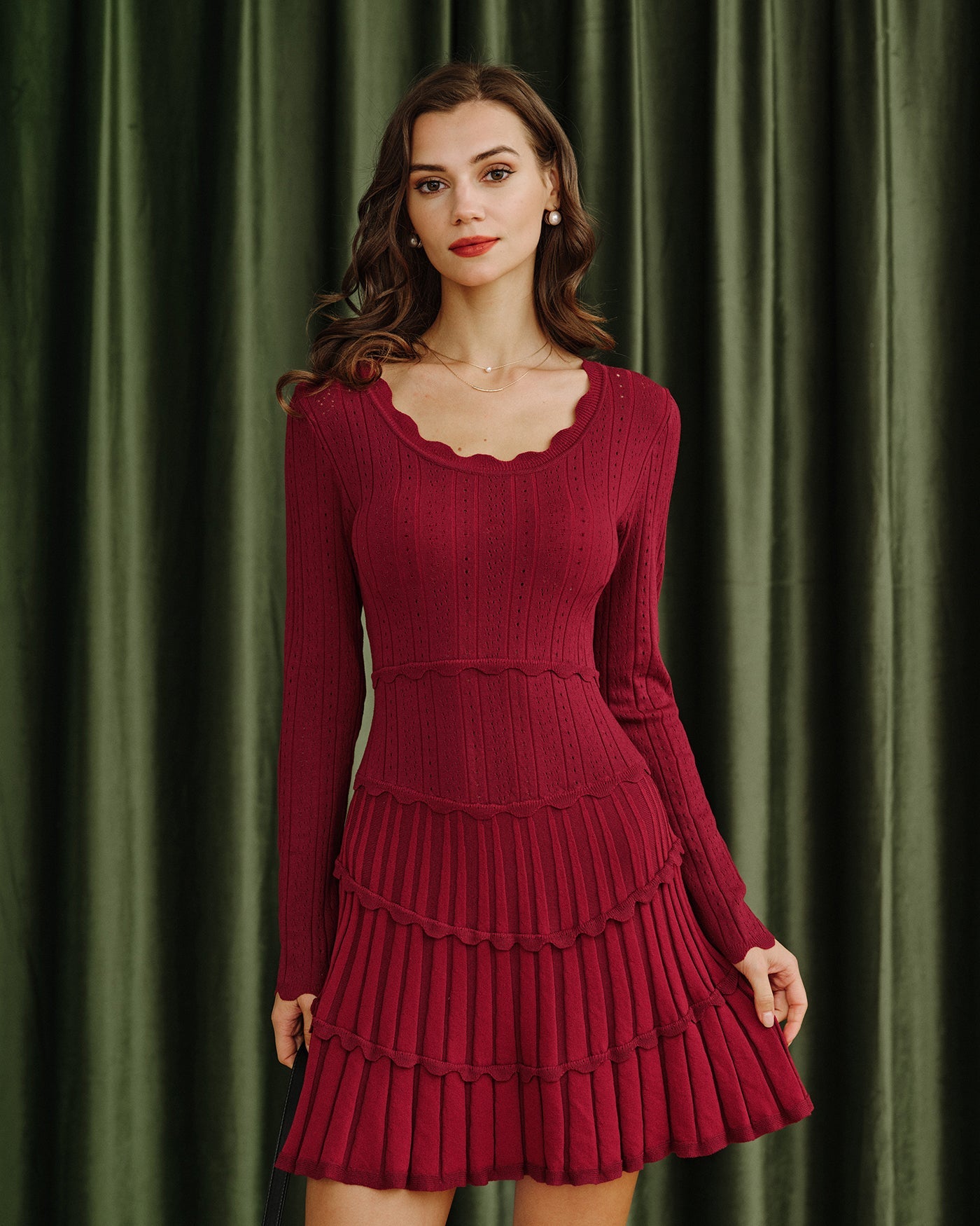 Wine Red Scalloped Viscose Sweater Dress