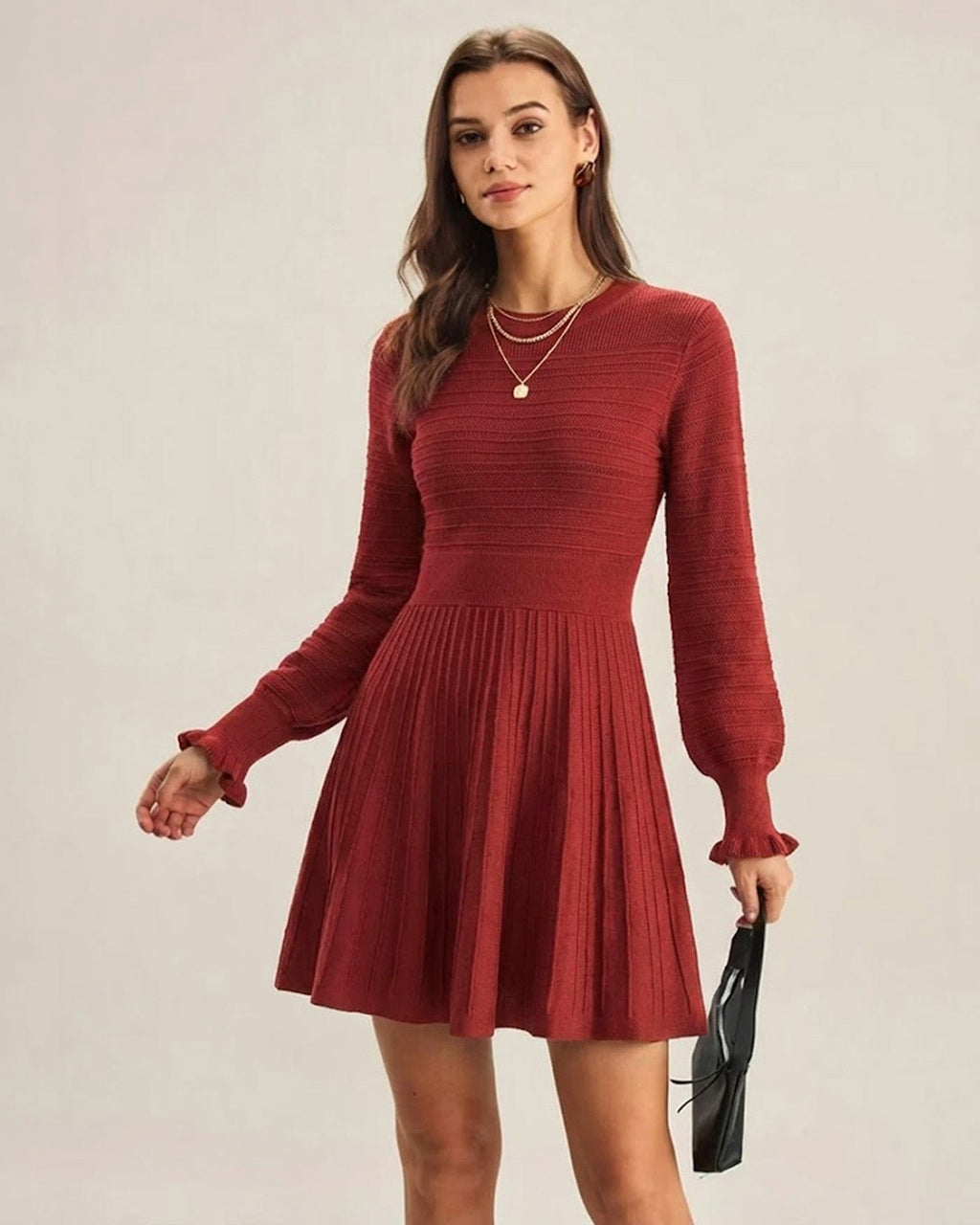 Wine Red Lantern Sleeve A-Line Sweater Dress