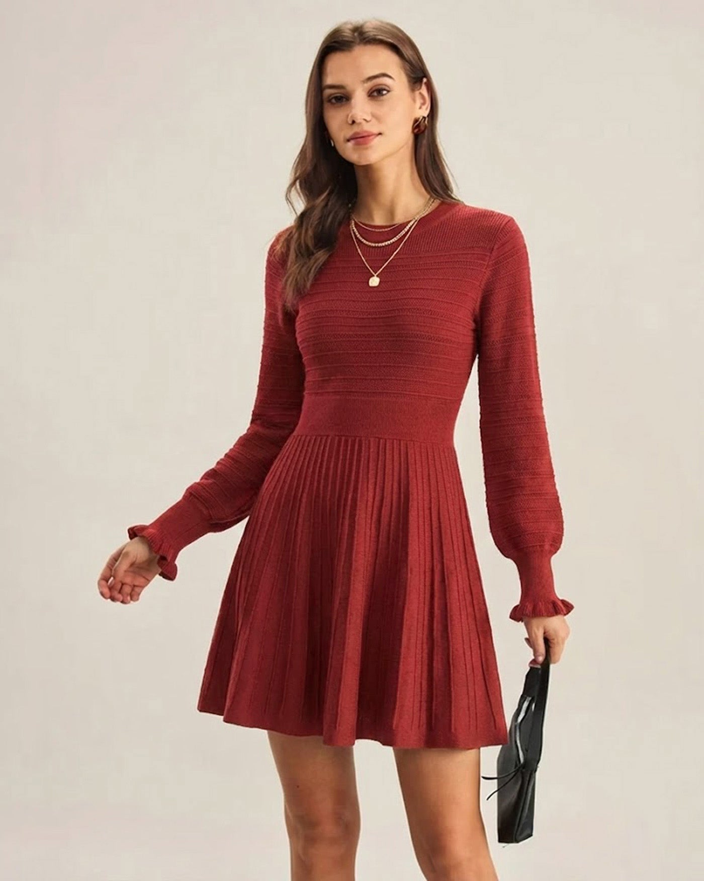 Wine Red Lantern Sleeve A-Line Sweater Dress