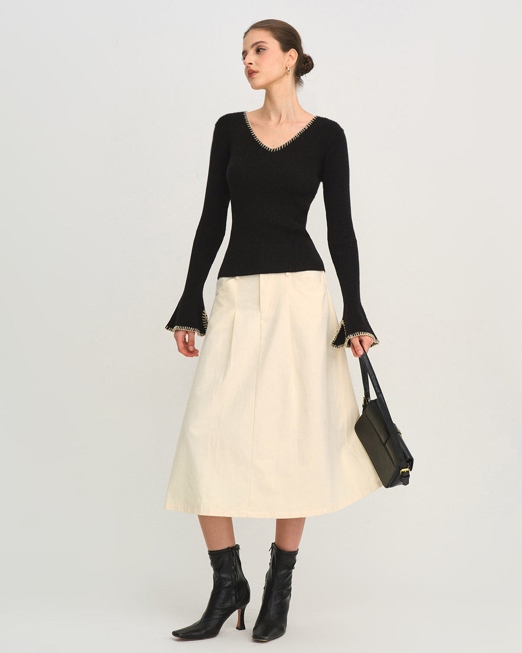 Black Contrasting Bell Sleeve Knit Tee