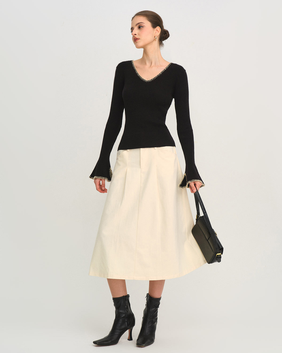 Black Contrasting Bell Sleeve Knit Tee