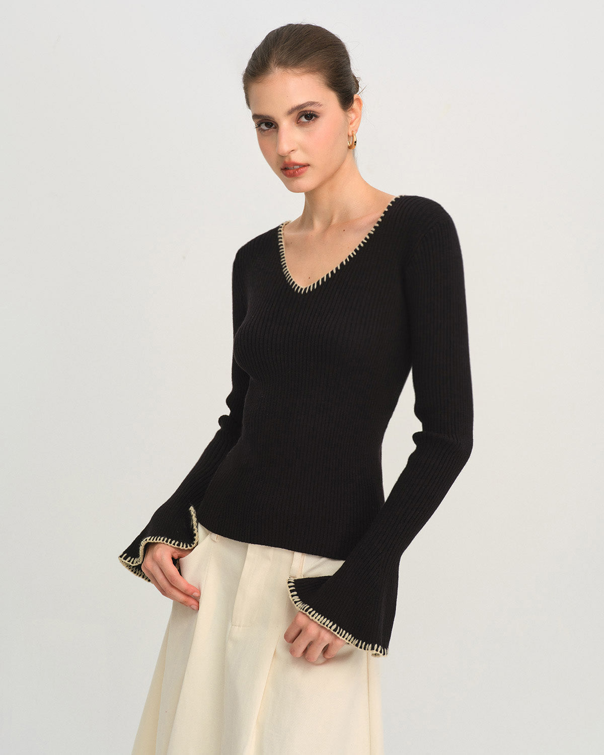 Black Contrasting Bell Sleeve Knit Tee
