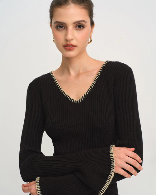 Black Contrasting Bell Sleeve Knit Tee