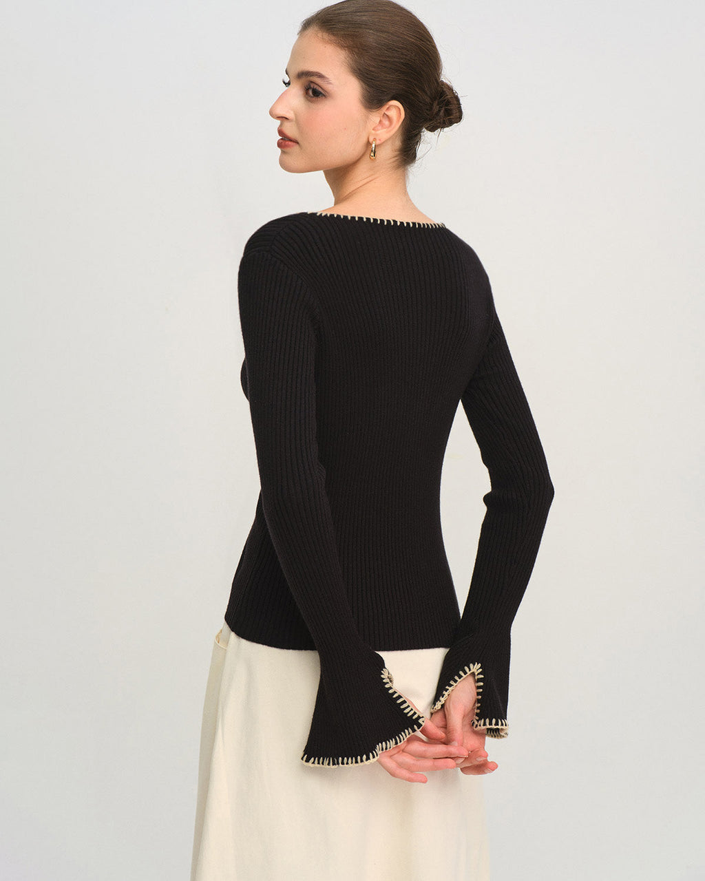 Black Contrasting Bell Sleeve Knit Tee
