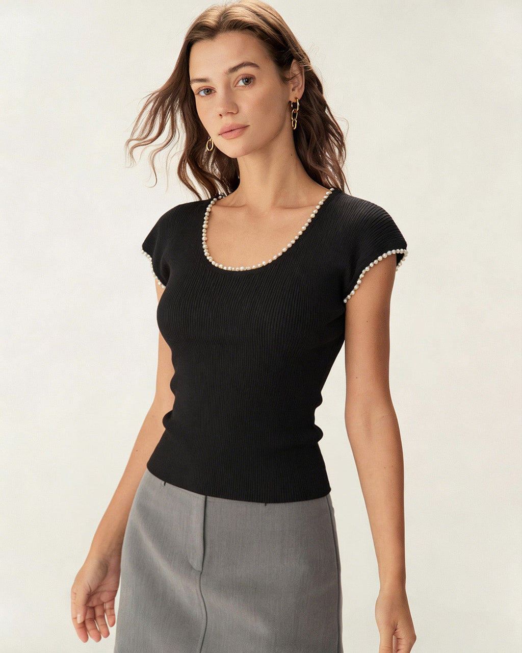 Black U Neck Pearl Tee