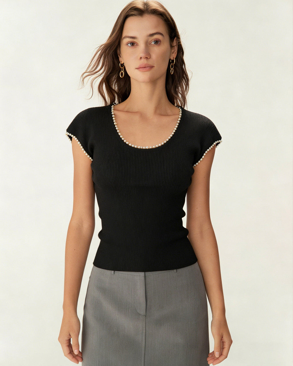 Black U Neck Pearl Tee