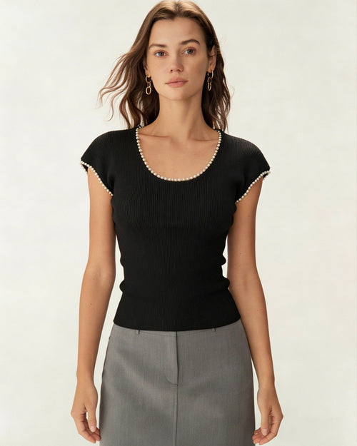 Black U Neck Pearl Tee