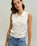 White Collar Textured Button Tank Top