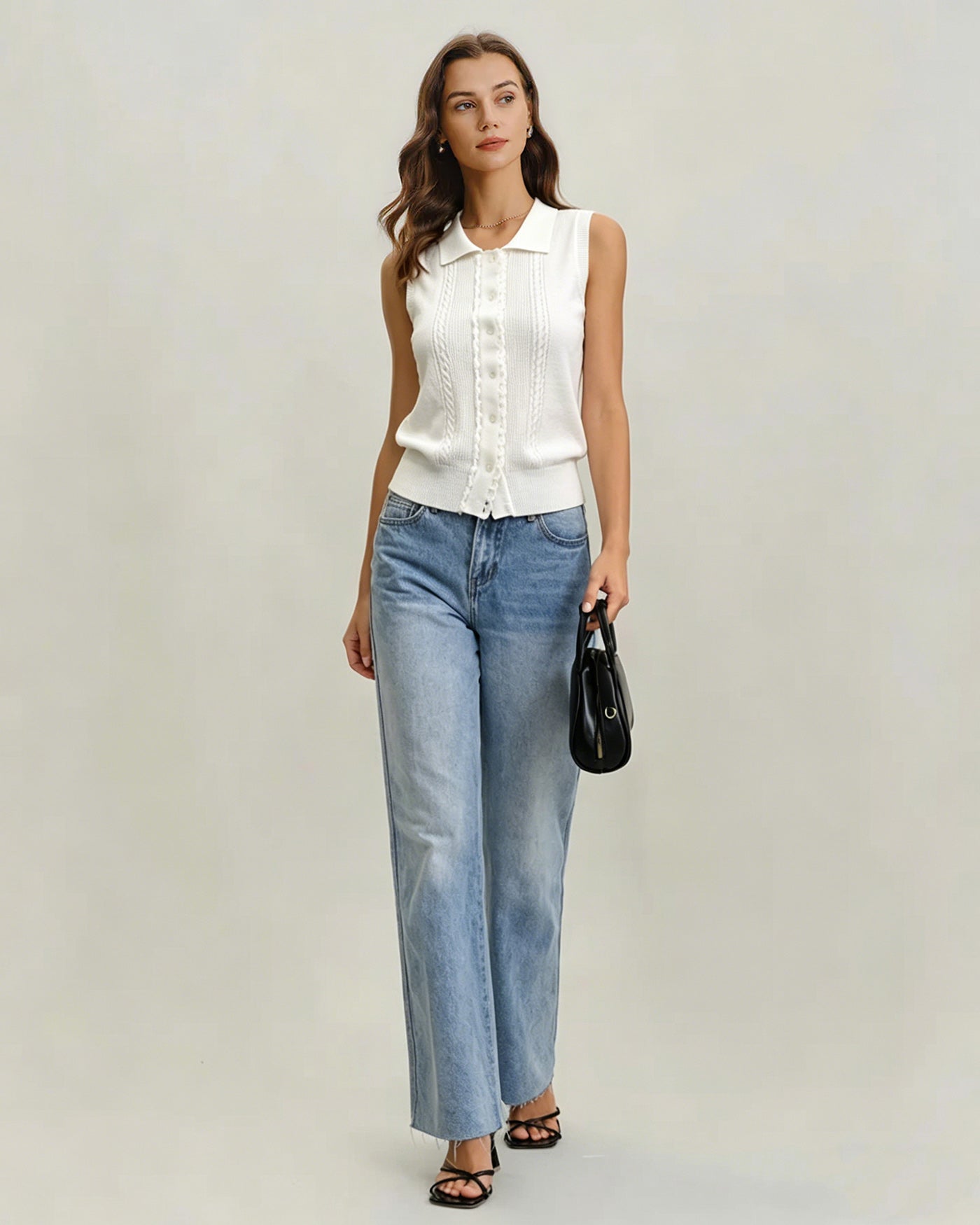 White Collar Textured Button Tank Top