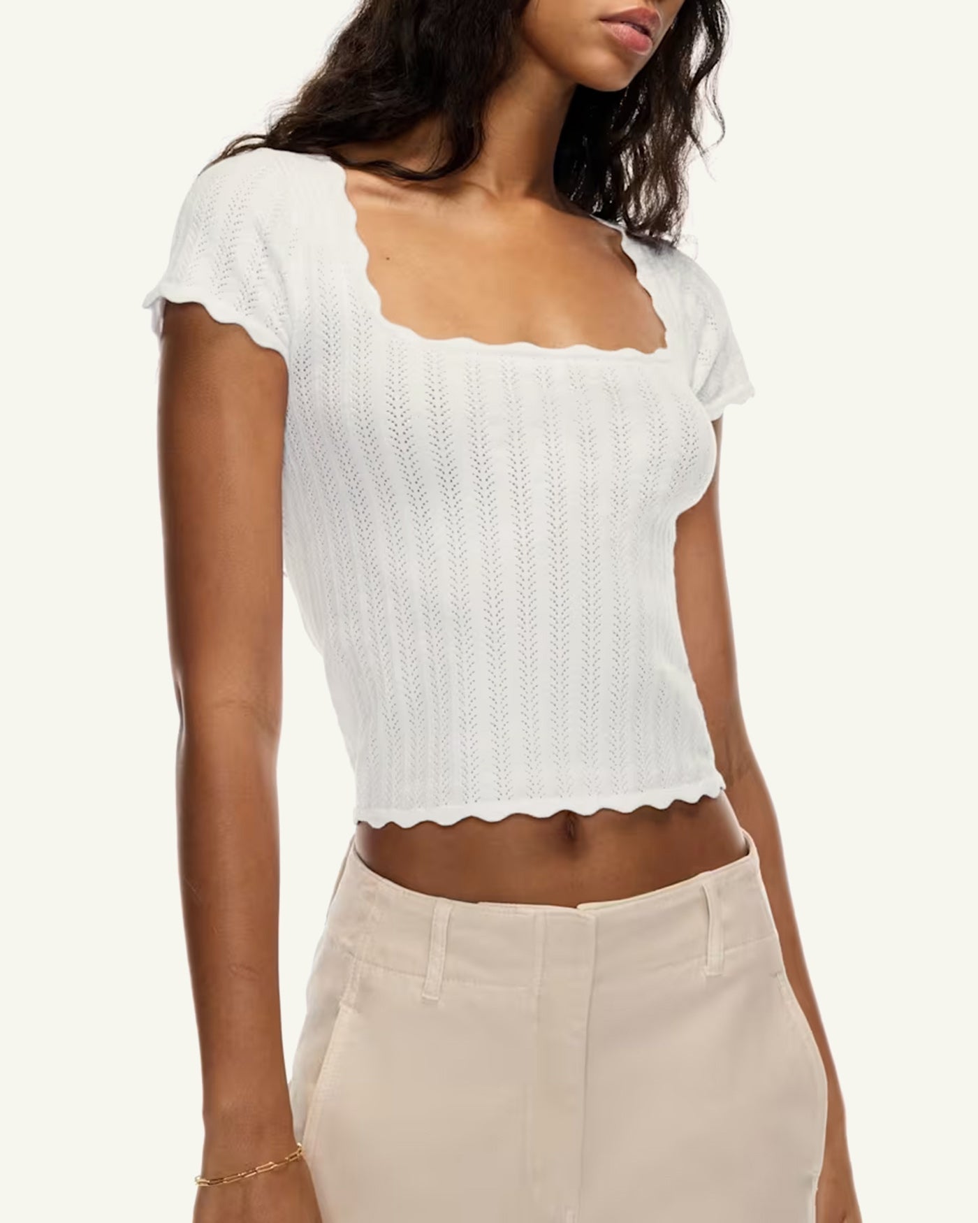 Off White Square Neck Textured Tee