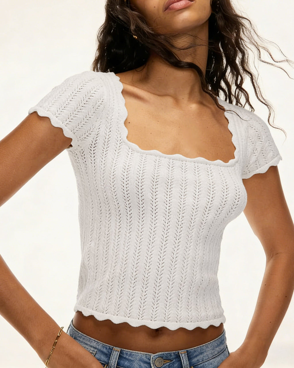 Off White Square Neck Textured Tee
