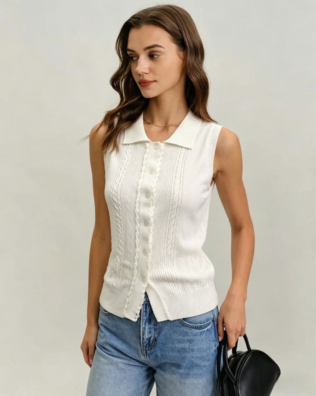 White Collar Textured Button Tank Top