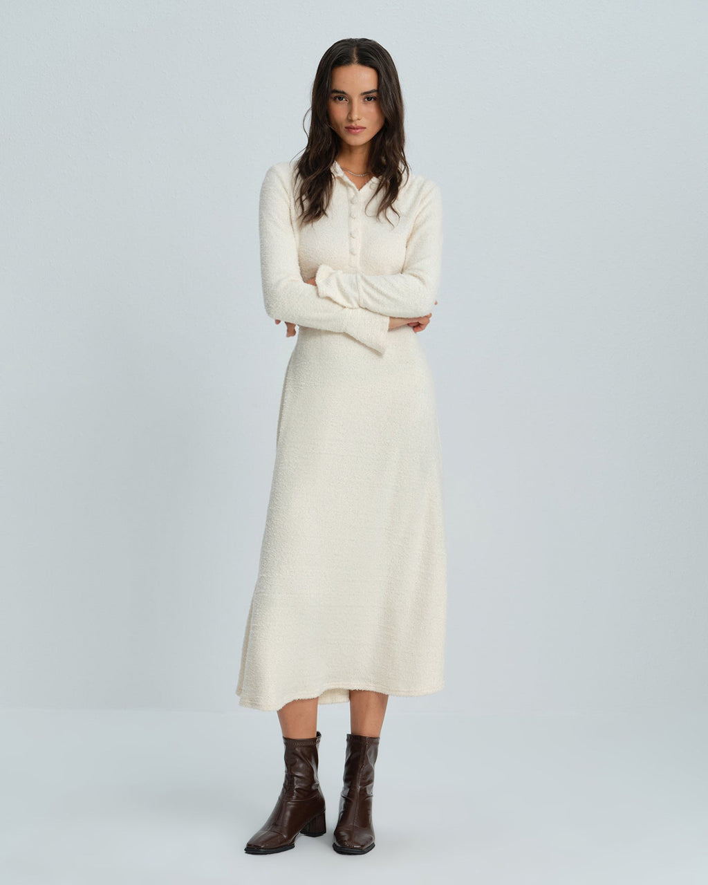 Apricot Collar Bell Sleeve Midi Dress