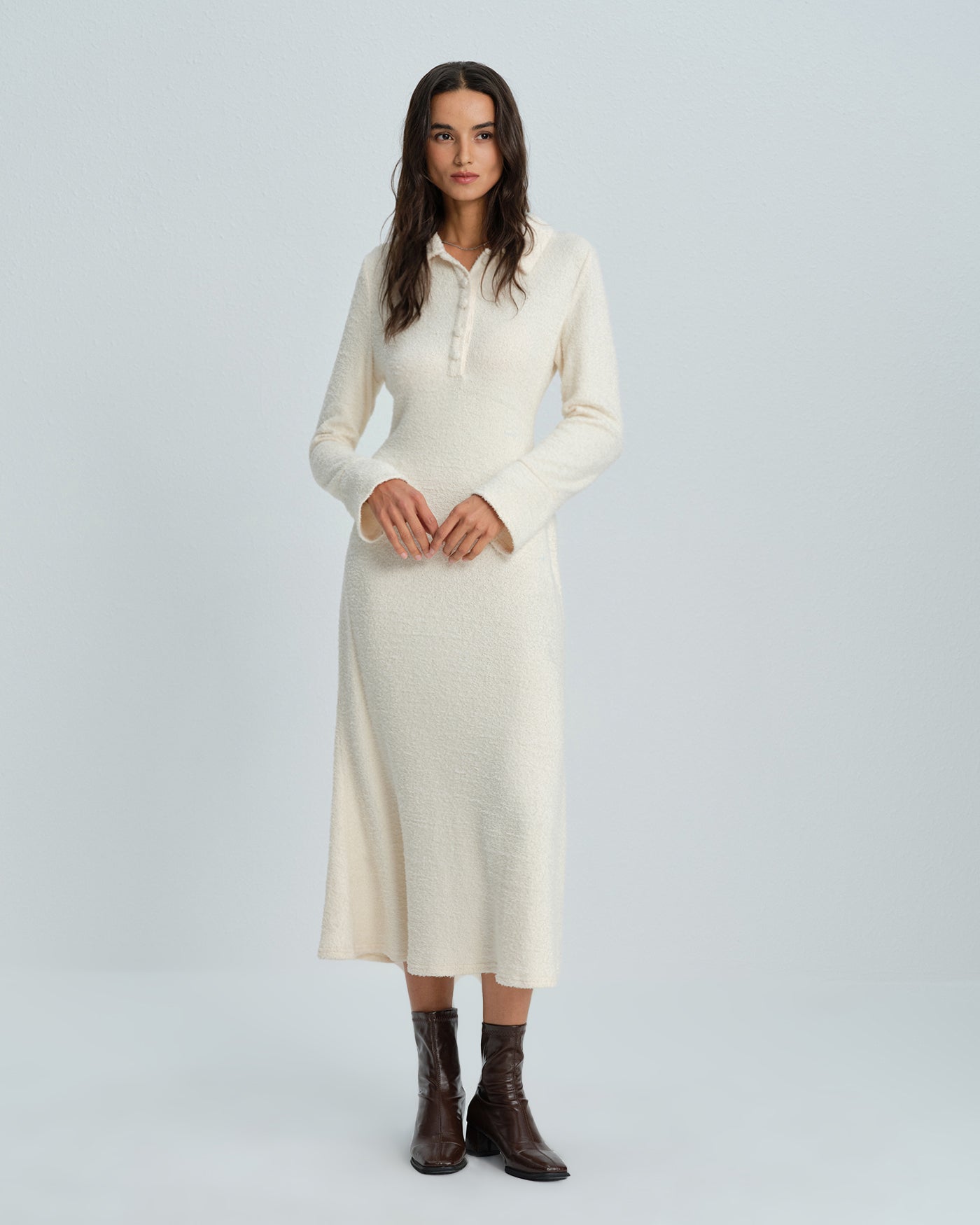 Apricot Collar Bell Sleeve Midi Dress