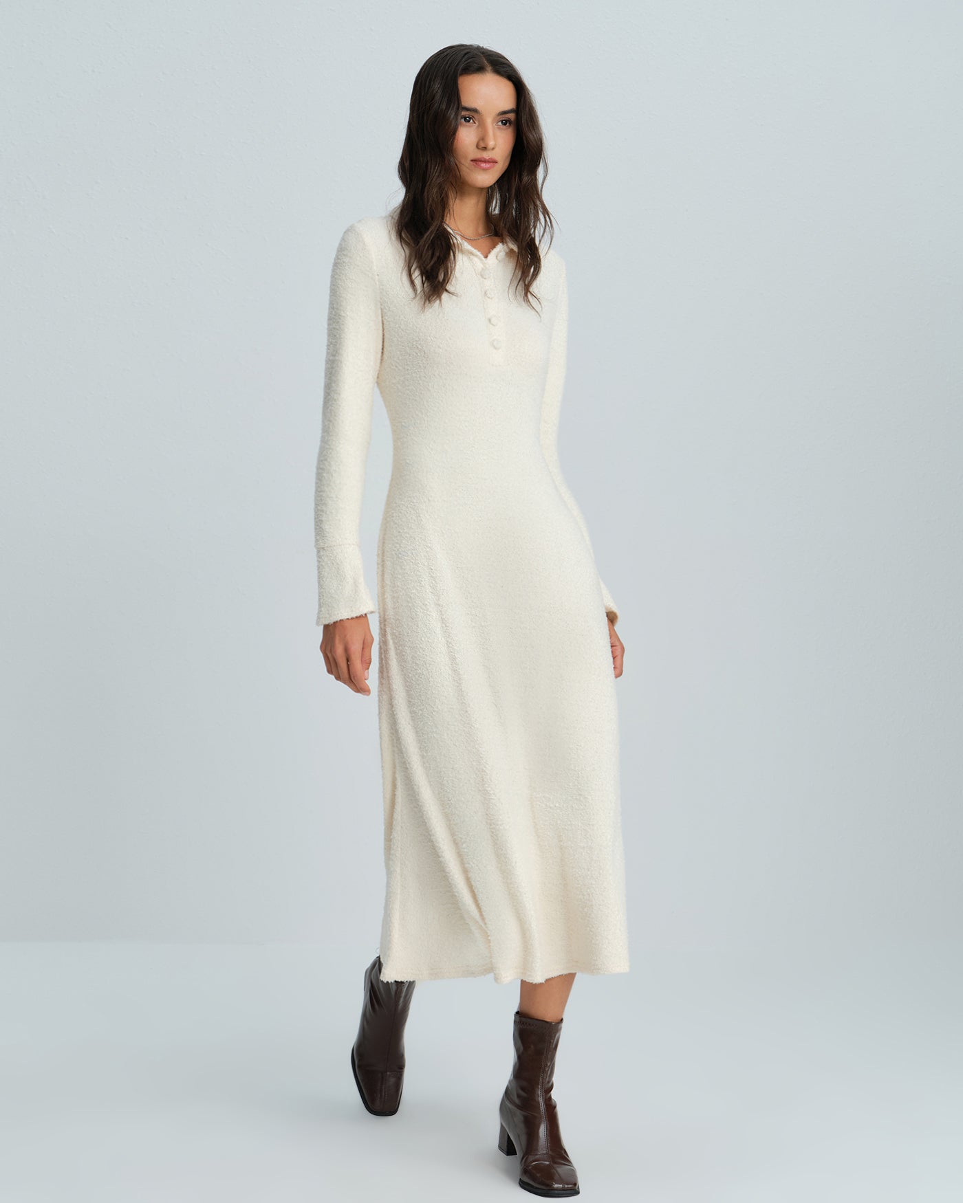 Apricot Collar Bell Sleeve Midi Dress