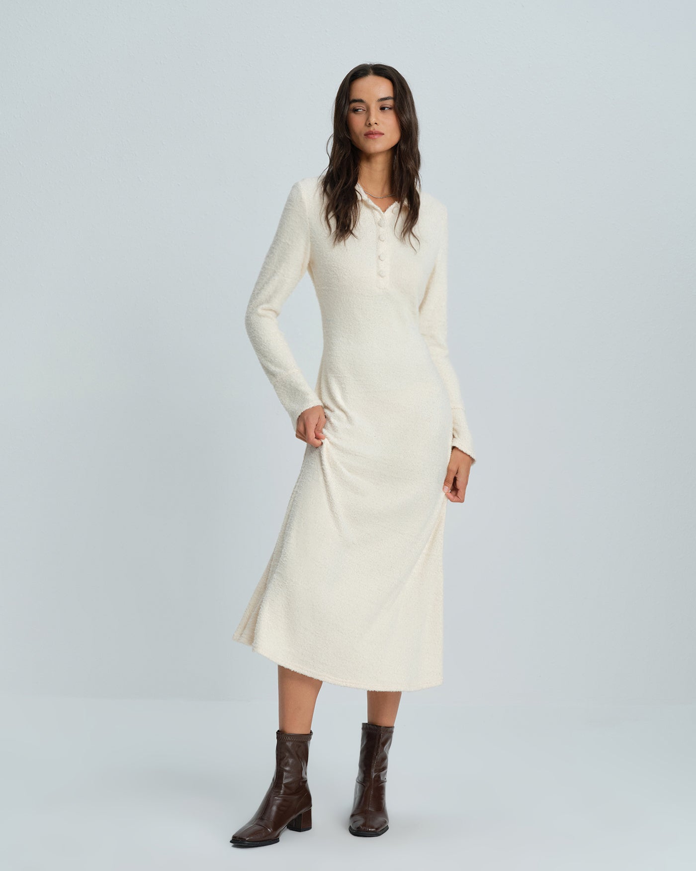 Apricot Collar Bell Sleeve Midi Dress