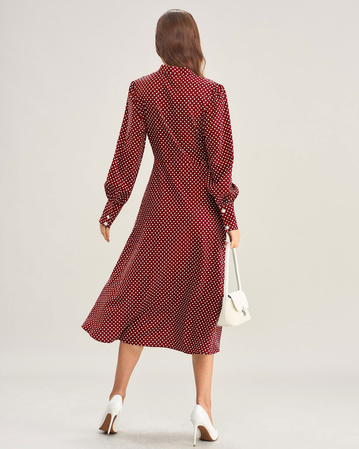 Wine Red Bishop Sleeve Polka Dot Midi Dress
