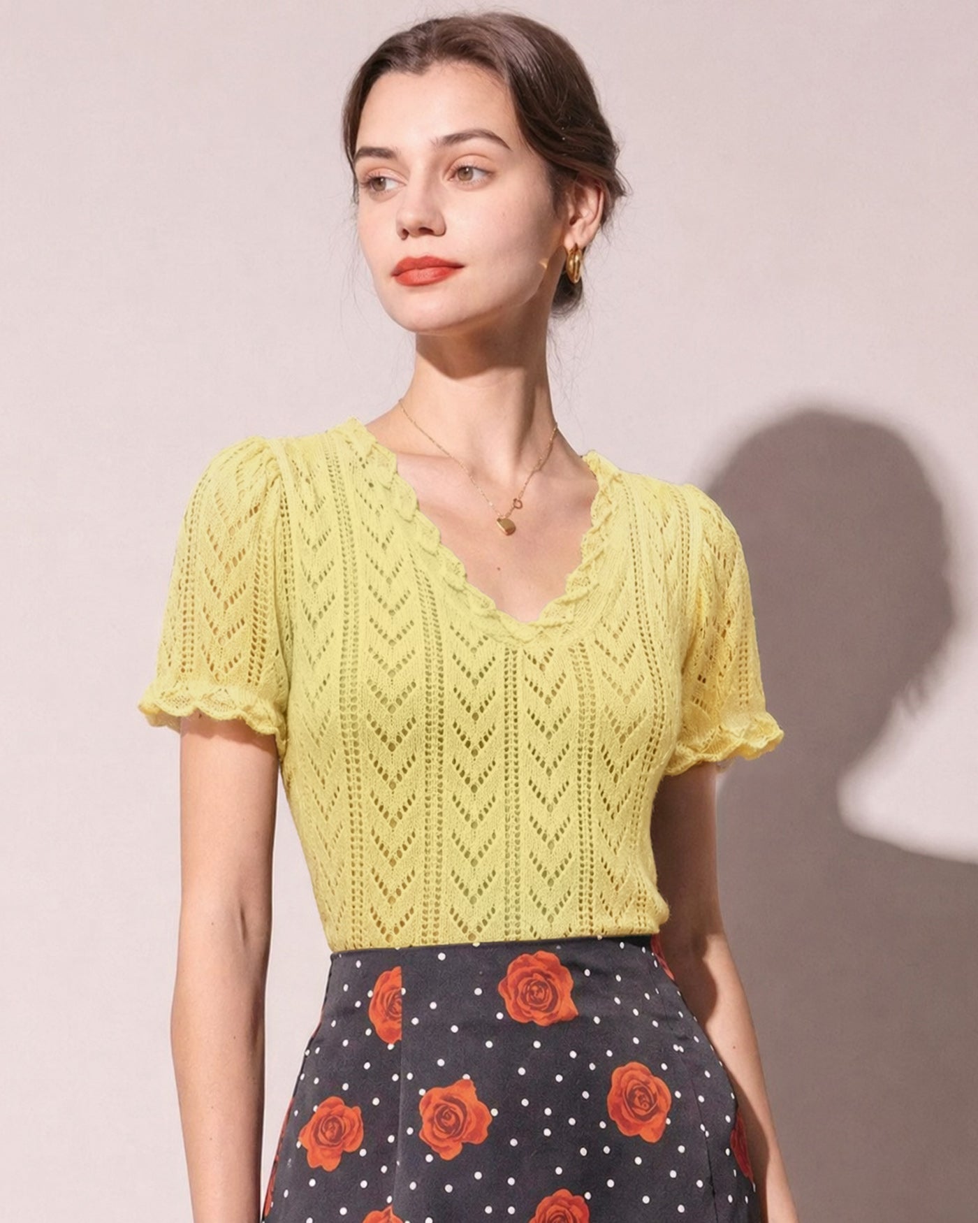 Yellow V Neck Cut Out Textured Sweater