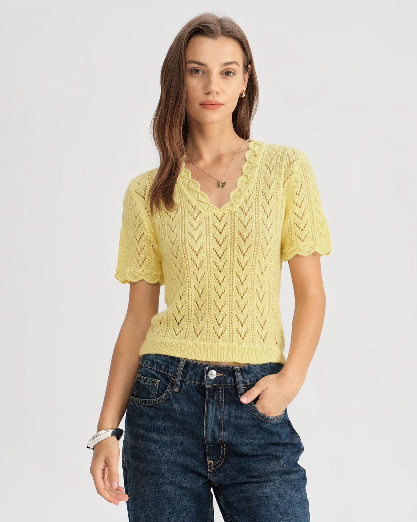 Yellow V Neck Cut Out Textured Sweater
