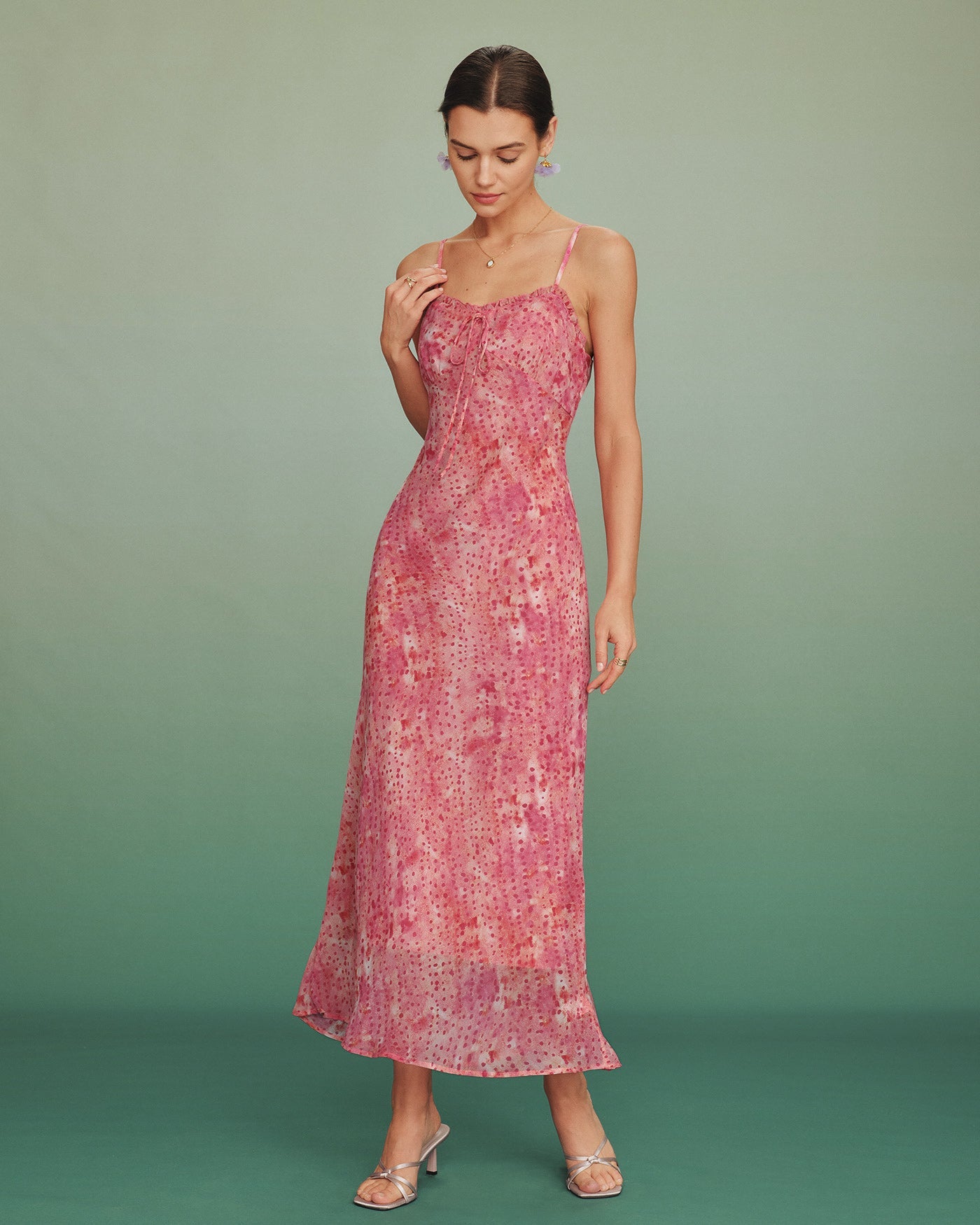 Pink Polka Dot Slip Maxi Dress