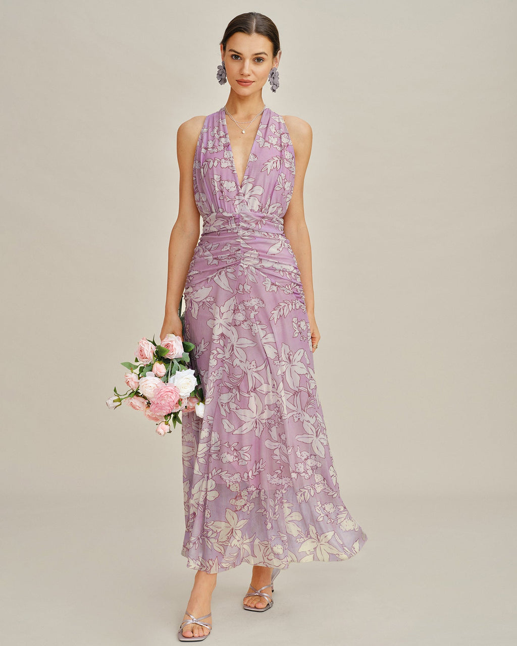 Purple Halter Floral Maxi Dress