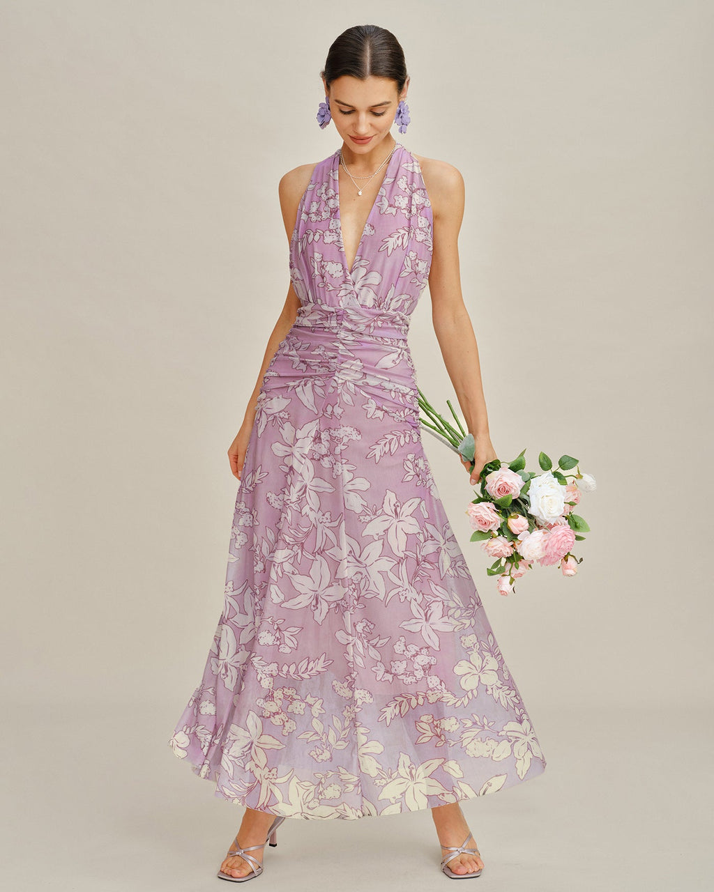 Purple Halter Floral Maxi Dress