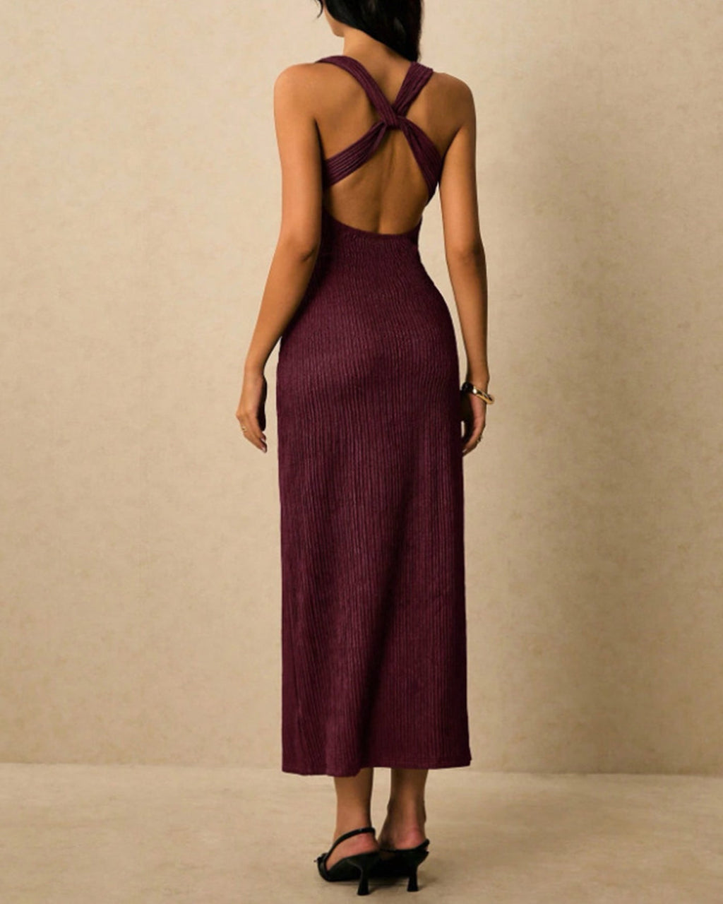 Wine Red V Neck X Cross Maxi Dress