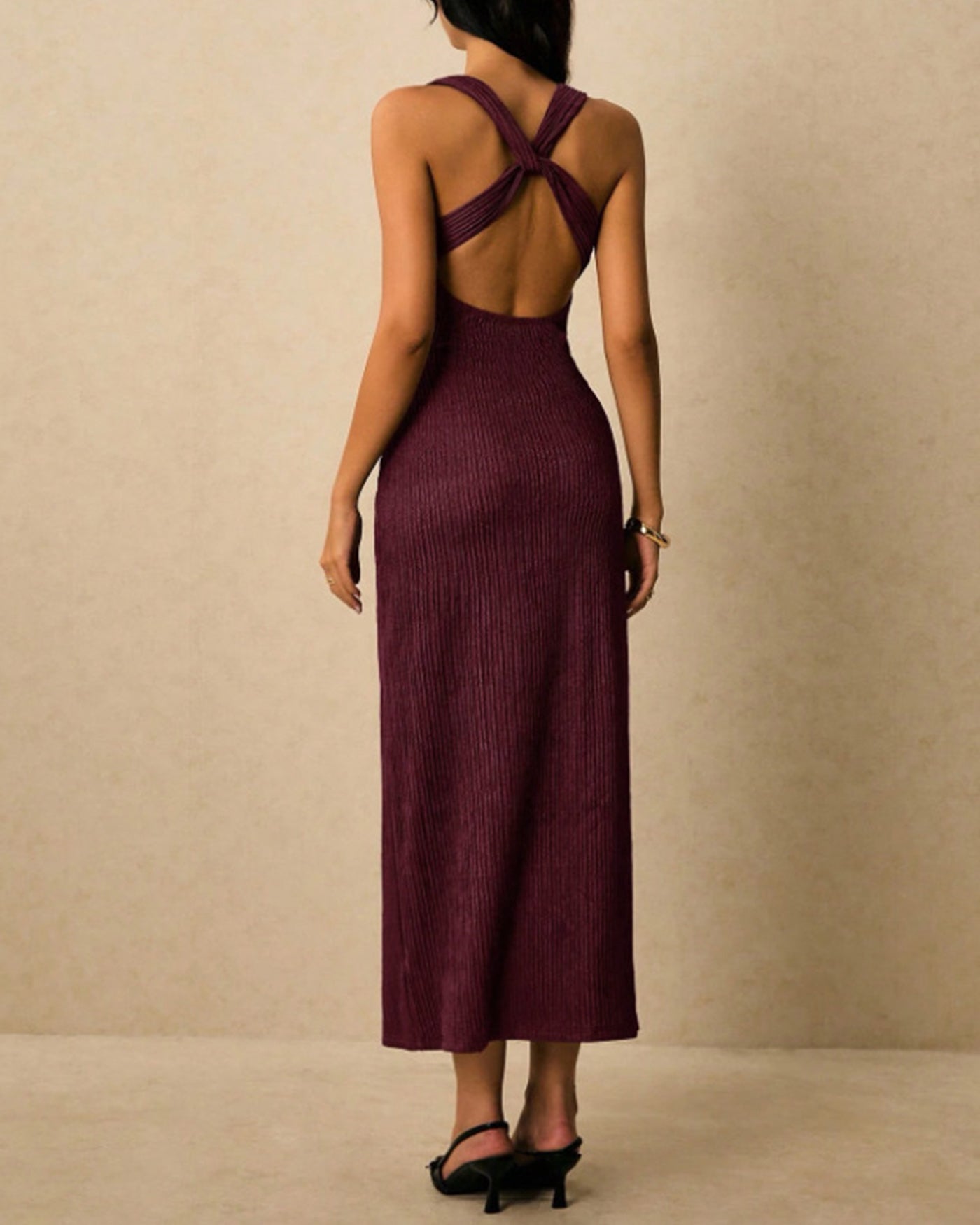 Wine Red V Neck X Cross Maxi Dress