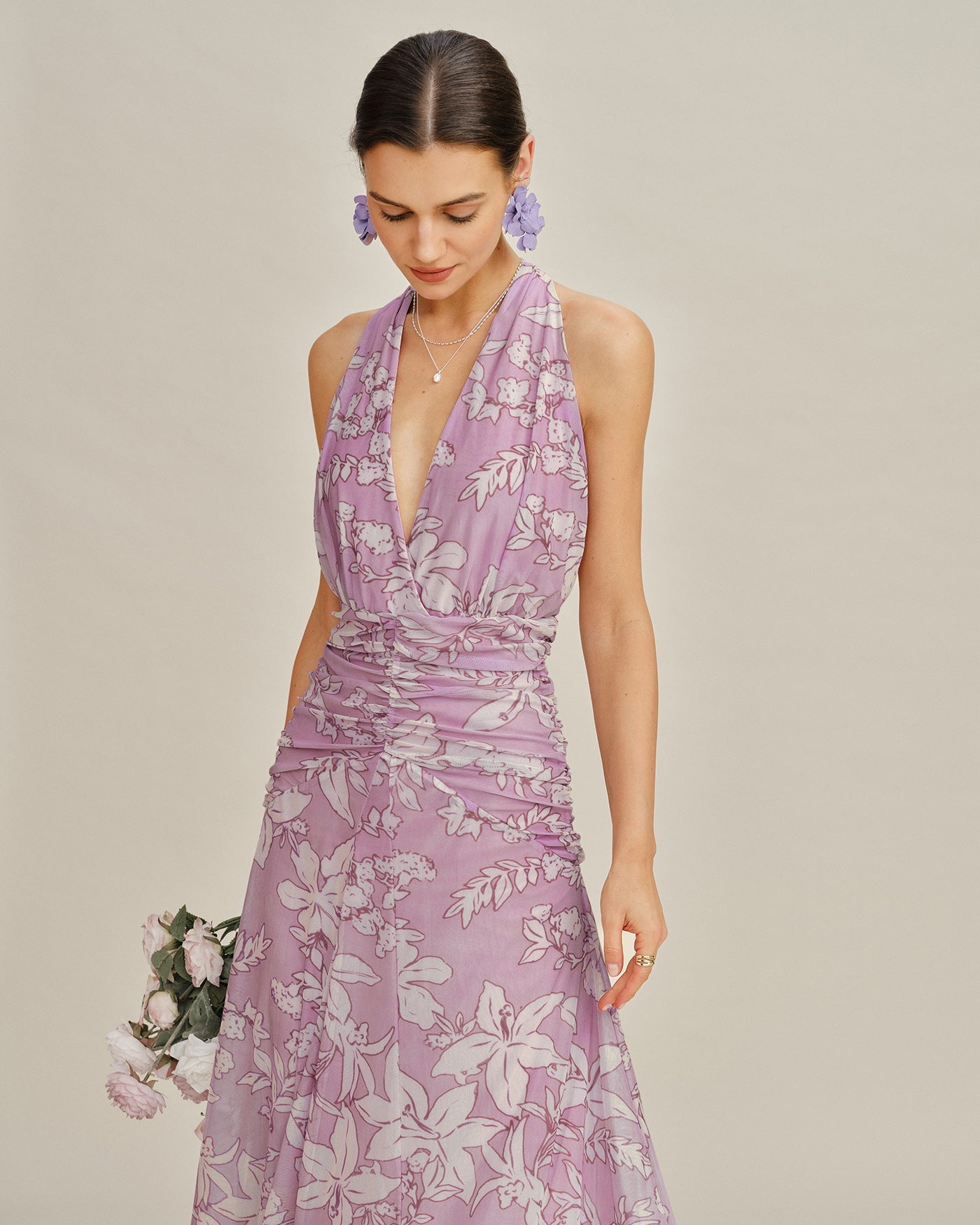 Purple Halter Floral Maxi Dress