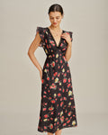 Black V Neck Butterfly Sleeve Floral Midi Dress