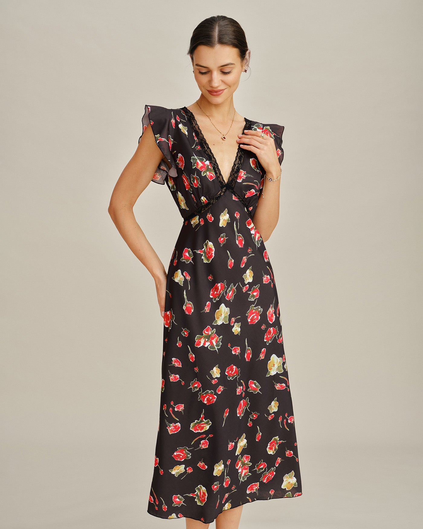 Black V Neck Butterfly Sleeve Floral Midi Dress